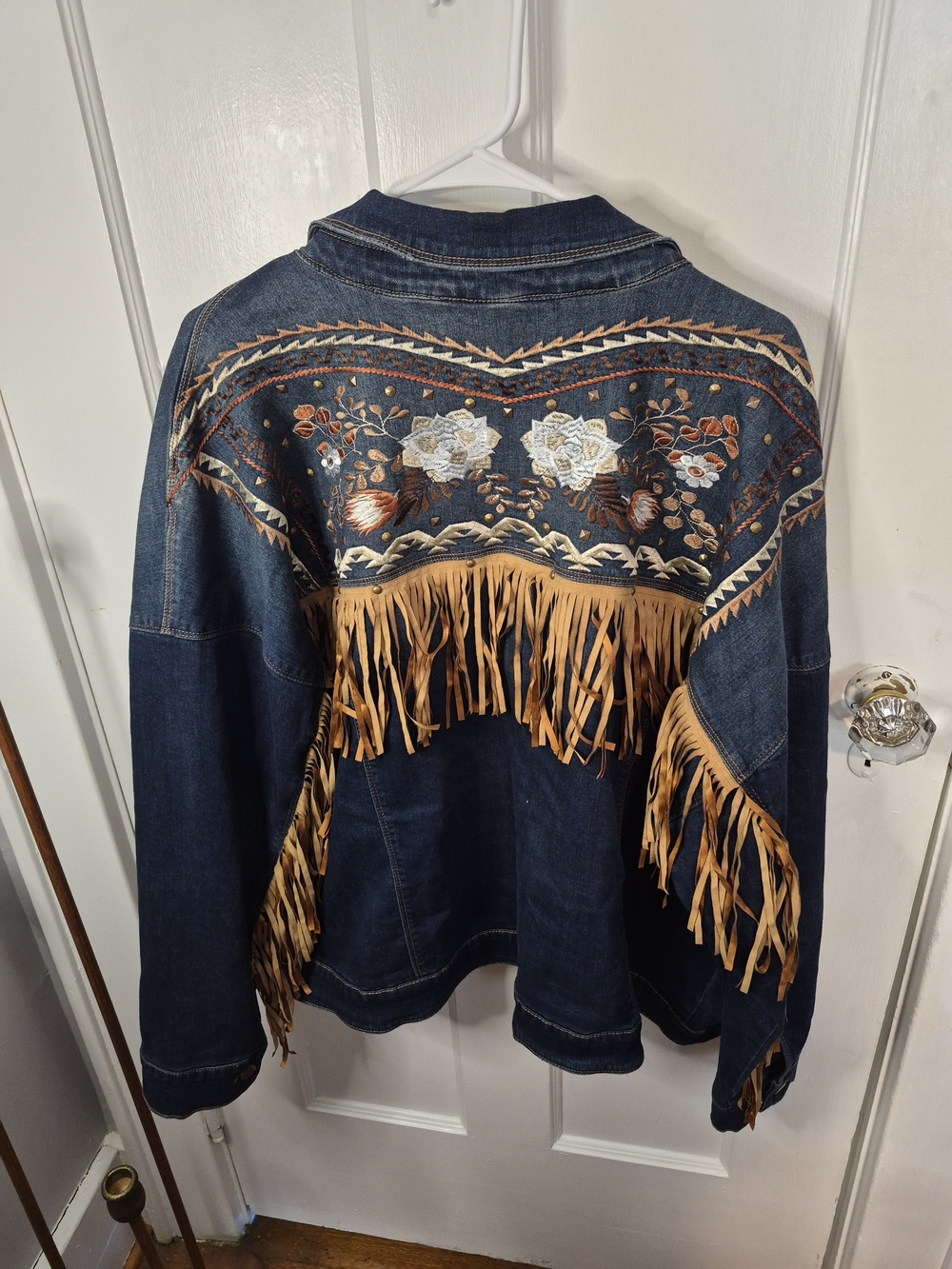 G by Giuliana Dark Blue Denim Jacket with Tan Fringe & Floral Embroidery